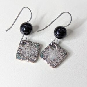 Art Fair Textured & Distressed Silver Black Bead Earrings 1.5"